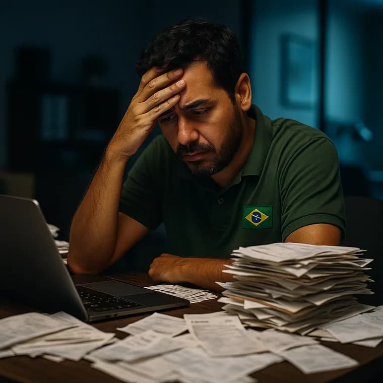 Pequeno empresário sobrecarregado com a burocracia contábil